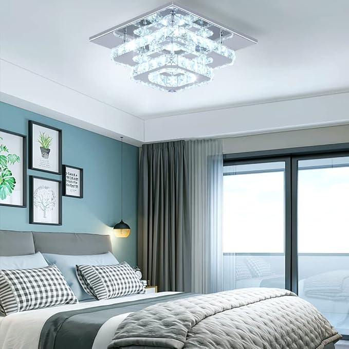 FRIXCHUR Crystal Ceiling Light Square Chandelier Modern LED Flush Mount 2 Layers Ceiling Lamp Lighting Fixture for Dining Room Living Room Bedrooms Kitchen Hallway Foyer (Cool White)