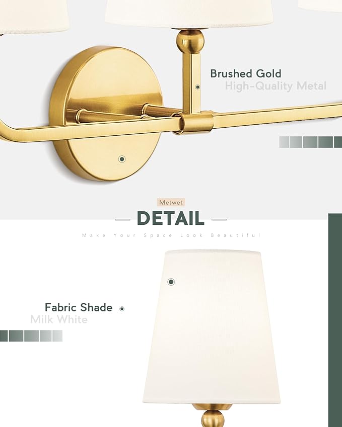 2 Light Bathroom Vanity Light, Brushed Gold Double Wall Sconce with Flared White Fabric Shade, Modern Sconces Wall Lighting for Hallway Bedroom Stairway, VL837-BG