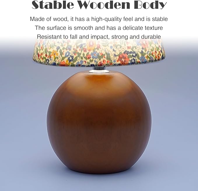 Vintage Wooden Base Fabric Night Lamp, Adjustable Light Color and Brightness with Power-Off Memory, Safe USB Powered, Retro LED Table Light for Bedroom Living Room Office (Floral)
