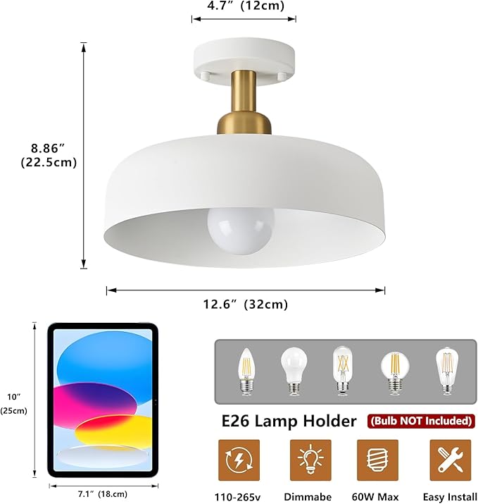 Modern Semi Flush Mount Ceiling Light,Mid Century Hallway Ceiling Light Fixture,E26 Ceramic Lamp Head,White and Gold Light Fxiture Ceiling for Kitchen Entryway Bedroom Hall Entry (12.6 in)