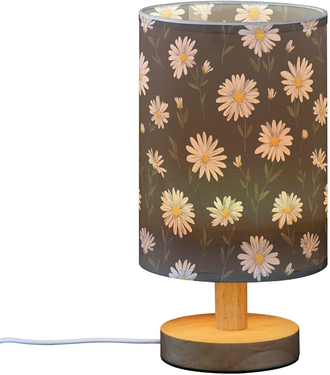 Aslsiy White Daisy on Black Bedside Table Lamp Cute Flower Nightstand Lamp Night Light Fabric Shade for Bedroom Living Room Home Office