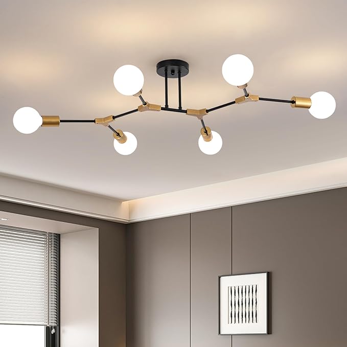 Black and Gold Semi Flush Mount Ceiling Lighting Fixture, 6 Lights Sputnik Chandelier for Living Room, Modern LED Ceiling Light Fixture for Dining Room, Bedroom, Kitchen