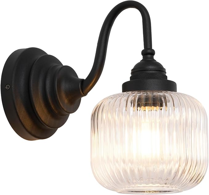 Vintage Industrial Wall Sconce Lighting with Clear Striped Glass Shade, Hardwired Wall Vanity Light Fixture for Bathroom Kitchen Living Room Bedroom Hallway