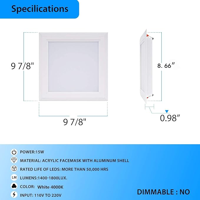 (OD 9.84" / ID 8.66") 15W Square LED Recessed Ceiling Light LED Downlight 130 Watt Equivalent 1400 Lumens 4000K White with Open Trim,1Pack