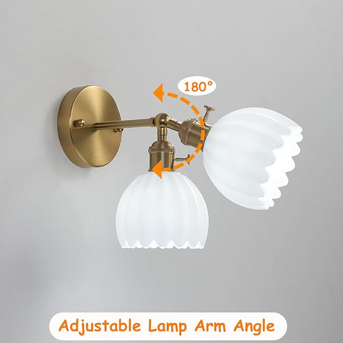 1-Light Gold Brass Bathroom Light Fixture,Wall Sconces Set of 2,Brushed Gold Vanlity Light Over Mirror,Bathroom Vanity Light with White Glass Flower Shade,E26 Socket(Bulbs Not Included)