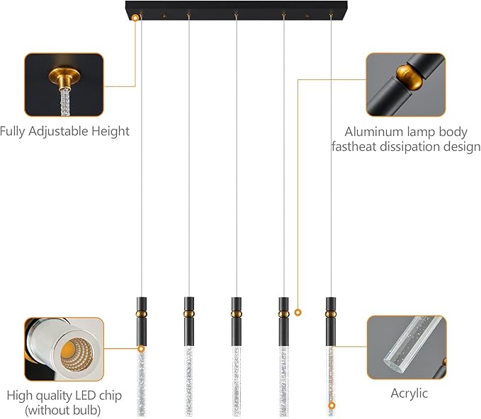LMQNINE 5 Light Dining Room Light Fixtures Ceiling Dimmable LED Modern Black Kitchen Island Pendant Light with Bubble Crystal Pendant Light for Kitchen Island Bedroom Hallway Entryway (5-Light)…