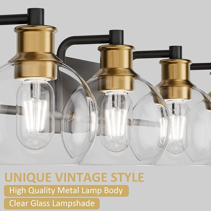 Tipace Industrial Bathroom Vanity Lighting Fixtures 4-Lights Vintage Black & Brass Finish with Globe Clear Glass Vanity Lights Farmhouse Bath Lighting(Exclude Bulb)