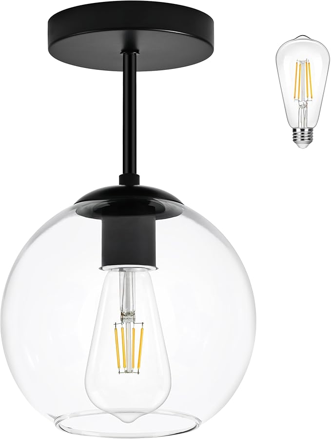 Black Semi Flush Mount Ceiling Light Fixture with Clear Glass Light Fixture Mid Century Light Fixtures Black Semi Flush Ceiling Light Fixtures for Dining Room Kitchen (Bulb Included)