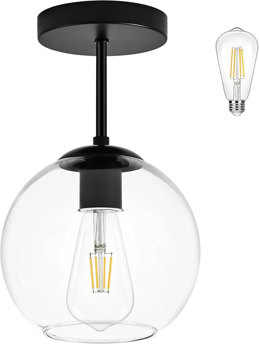 Black Semi Flush Mount Ceiling Light Fixture with Clear Glass Light Fixture Mid Century Light Fixtures Black Semi Flush Ceiling Light Fixtures for Dining Room Kitchen (Bulb Included)