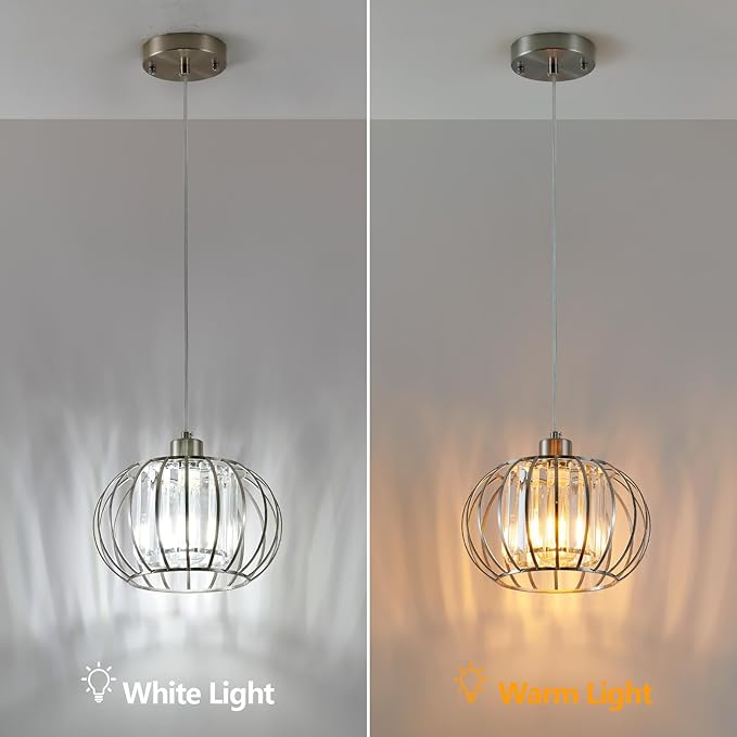 XSDeTu Brushed Nickel Pendant Light Fixtures, Modern Crystal Hanging Ceiling Light, Farmhouse Small Chandeliers, Metal Cage Pendant Lighting, Adjustable Pendant Lights Kitchen Island, Hallway