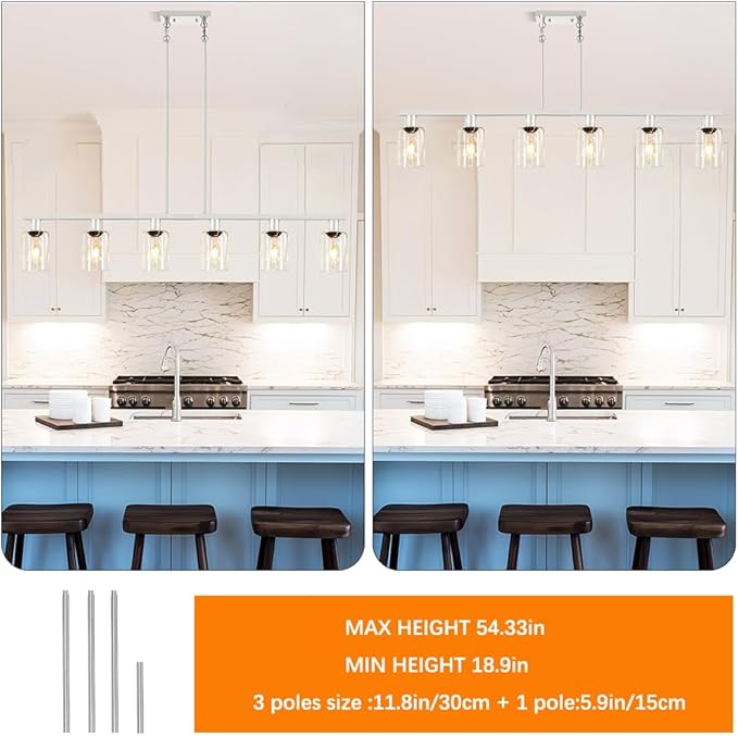 6-Light Kitchen Island Lighting with Glass Shade and Adjustable Rods, Brushed Nickel Dining Room Light Fixture Over Table, Farmhouse Linear Chandelier Pendant Light for Kitchen Living Room