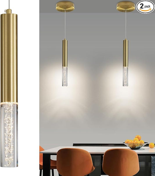 2 Pack Minimalist Kitchen Island Pendant Lights, Gold Modern Linear Hanging Light Fixture, Bubble Acrylic, Adjustable 3000K/4500K/6500K, LED Ceiling Light for Dining Room, Bedroom, Bathroom