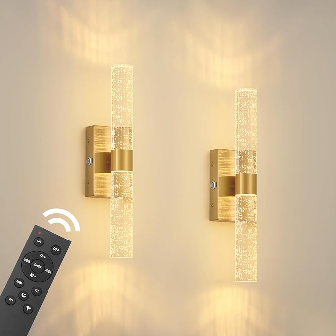20000mAh Battery Operated Wall Sconces Set of 2, 3CCT, Gold Rechargeable Wall Light with Remote Control, 3000K-6000K Dimmable LED Wireless Sconces for Bedroom, Living Room, 15.6 Inch