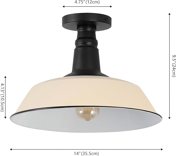 JONATHAN Y 14" Matte Almond/Black 1-Light Industrial LED Semi Flush Mount Ceiling Light for Porch, Kitchen, Entryway, Modern Farmhouse Iron Fixture, White Metal Shade, LED Bulb Included (JYL7617J)
