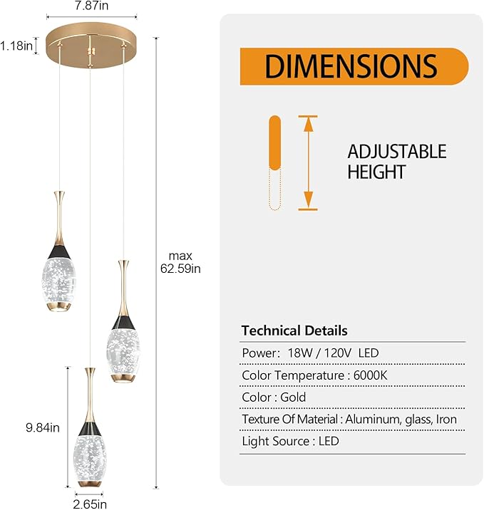 Modern Black Gold Pendant Light Dimmable LED Ceiling Light Fixtures Mini Teardrop Crystal Pendant Lighting for Kitchen Island Bedroom Hallway Entryway (3 Light，Champagne Gold)