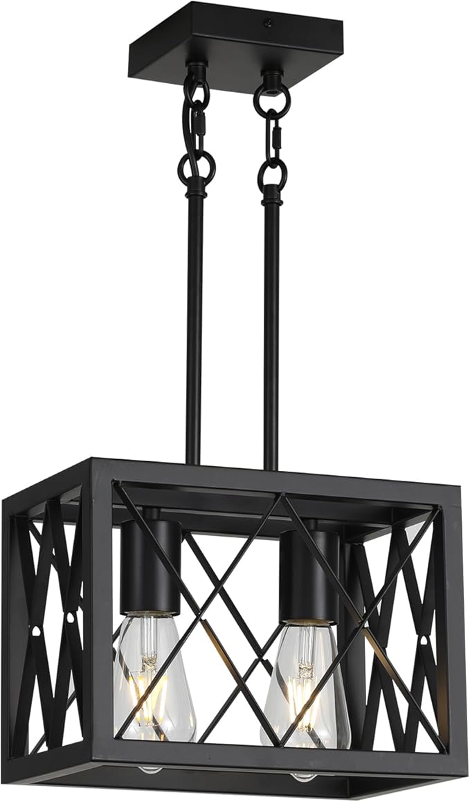 KEESFU Black Farmhouse Pendant Light, 2 Lights Small Kitchen Lighting Fixtures, Adjustable Height, Industrial Dining Room Light for Living Room Foyer Dining Table Over Sink.
