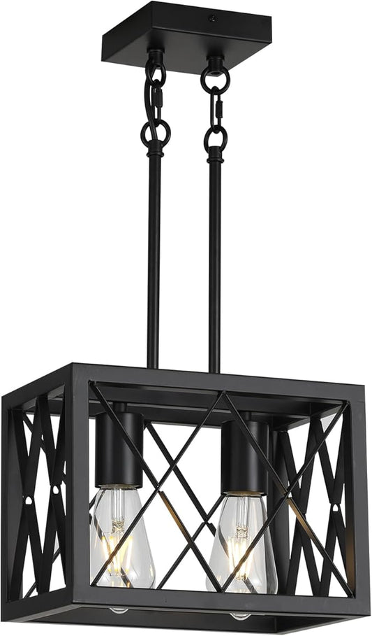 KEESFU Black Farmhouse Pendant Light, 2 Lights Small Kitchen Lighting Fixtures, Adjustable Height, Industrial Dining Room Light for Living Room Foyer Dining Table Over Sink.