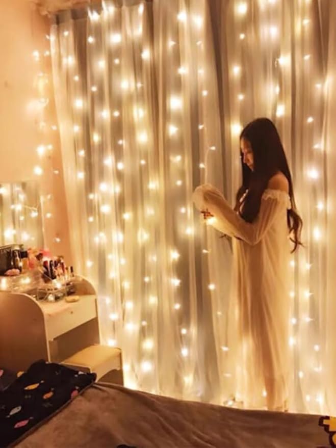 300 LED Curtain Light,3M*3M Fairy String Lights,Curtain String Lights for Party/Wedding/Festival/Christmas,Window Blinking String Light for Bedroom,Outdoor/Indoor,USB Plug with 8 Modes(Warm White)