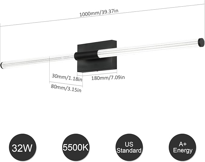Modern LED Vanity Light, 360° Full Lighting Bathroom Light Fixture Over Mirror, 32W 5500K Cool White, Hardwired Wall Sconce, 40 Inch, Balck