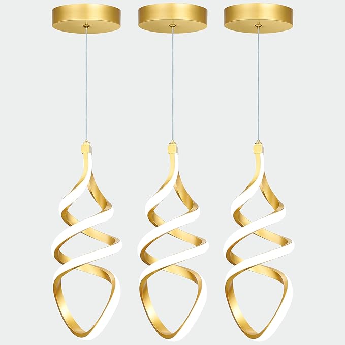 Pendant Lights,3 Pack Brushed Gold Pendant Lighting for Kitchen Island,LED Pendant Lights 3 Color Temperature,Modern Pendant Light Fixtures,Gold Brass Pendant Lighting,Dimmable Spiral Ceiling Light