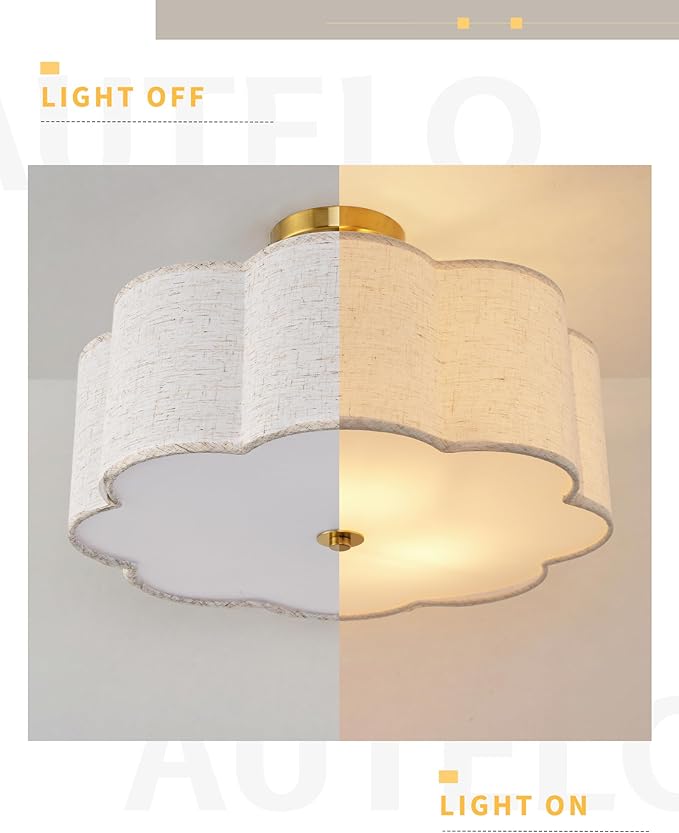 AUTELO 3-Light Bedroom Ceiling Light, 17.7 Inch Brushed Gold Semi Flush Mount Ceiling Light with Flower-Shaped White Fabric, Farmhouse Ceiling Light for Bedroom Hallway, C2507 BGL-8