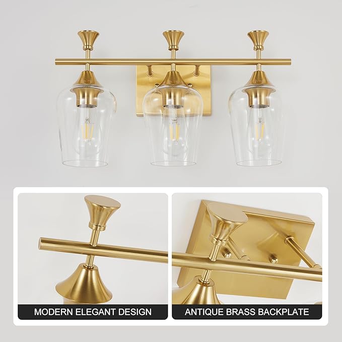 Bathroom Light Fixtures (3-Light, 19 Inch), Brushed Gold Vanity Lights for Bathroom with Clear Wine Glass Glass Shade, Modern Vanity Wall Lights for Mirror Bedroom Living Room Kitchen Hallway Porch