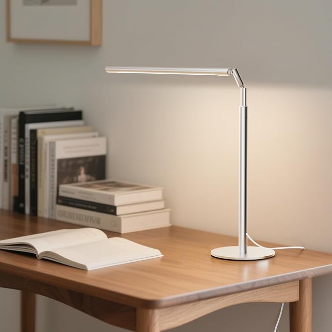 Metal Desk Lamp for Home Office - 16'' Foldable LED Desk Light for Reading, 4 Color Temps, 15W 1200Lm Dimmable Table Lamp with Flexible Arm, Task Lamp for College Dorm Study Painting, Silver