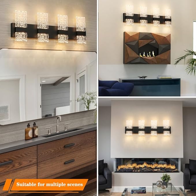 Modern Matte Black 8-Lights Bathroom Vanity Light, Eleglant LED Bathroom Light Fixtures Over Mirror, Dimmable Acrylic Shade Wall Lighting Fixtures, Hardwired Wall Light(H9.25in, L28.35in)