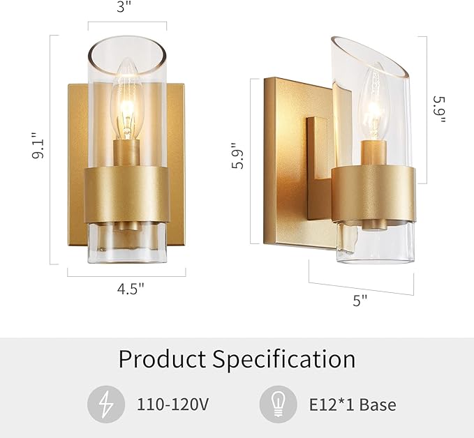 WUZUPS Set of 2 1-Light Bathroom Wall Light Fixture Over Mirror Class Shade Morden Vanity Scones for Bathroom Bedroom Living Room, E12 Base, Gold