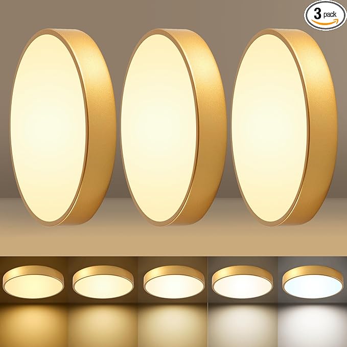 LED 12 in Round Flush Mount Ceiling Light Gold 24W 2700K-5000K,Thyristor Dimmable,Metal Gold Ceiling lamp and is Ideal for hallways,Kitchens,bedrooms, corridors,Children's Rooms 3 Pack