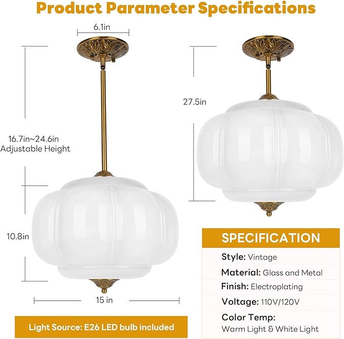15in White Milk Glass Ceiling Light, LED Bulb Included, Vintage Schoolhouse Semi Flush Mount Pendant Light Art Deco Chandelier for Kitchen Dining Room Hallway Bedroom, Antique Gold & White