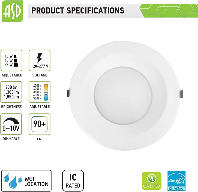 ASD 6 Inch Commercial Canless LED Downlight, Power Adjustable 10/15/22W Lighting, Dimmable Recessed Ceiling Light Fixture, 5 Color Temperatures 2700K-5000K, 120-277V IC Rated UL & Energy Star 4 Pack