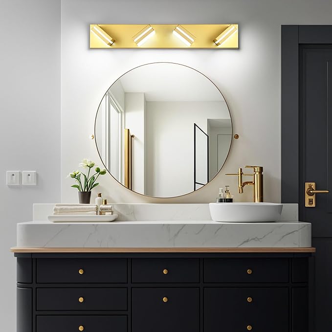Modern LED Bathroom Lights Fixtures 4-Light,Metal Gold Acrylic Wall Lighting,Vanity Lights for Bathroom Over Mirror 6000k 27in