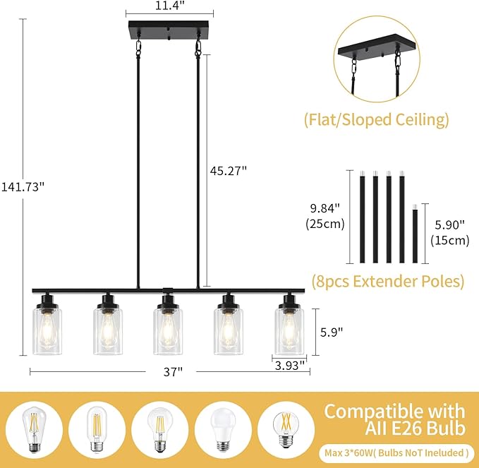 Modern Island Lights for Kitchen, Black Dining Room Light Fixtures Over Table 5-Light Farmhouse Linear Chandelier Adjustable Hanging Kitchen Lights Ceiling Clear Glass Pendant Lighting Over Island