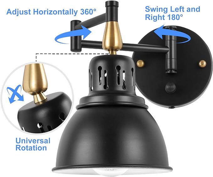 TRLIFE Plug in Wall Sconces, Dimmable Wall Sconces Retractable Swing Arm Wall Lamp with 6FT Plug in Cord and Dimmer Knob On/Off Switch, E26 Base, UL Listed(2 Pack)