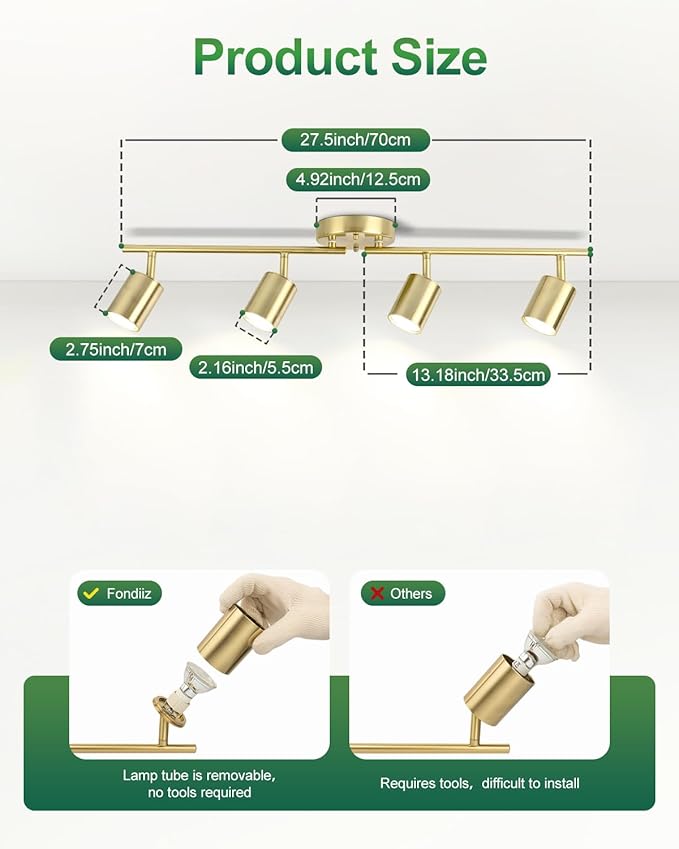4 Ways Track Lighting, Rotatable Heads Tracks Light, Track Lightings Fixtures Ceiling with Foldable Arms, Brushed Gold Tracks Light for Kitchen, Living Room, Hallway(Bulbs Not Included)