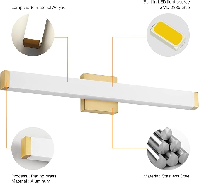 LED Bathroom Vanity Light fixtures 24in Metal Brass, 14W 4000K Natural White Square Wall Fixture, Modern Lighting for Over Mirror, Damp Rated