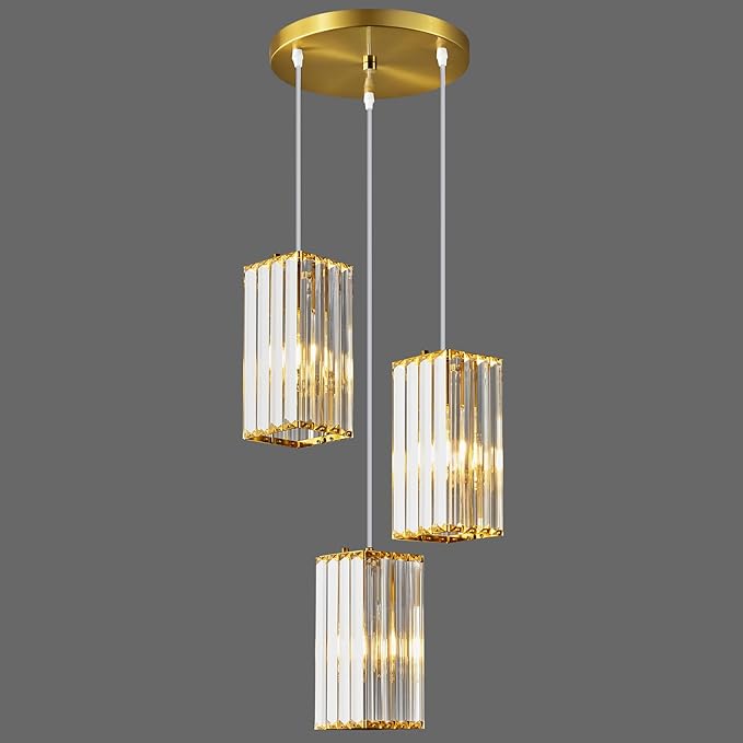 Pendant Lights Modern Pendant Light Gold Rectangle Mini Crystal Chandeliers Adjustable Pendant Light Fixture for Kitchen Island Bedroom Dinning Room Living Room (Gold-3Light