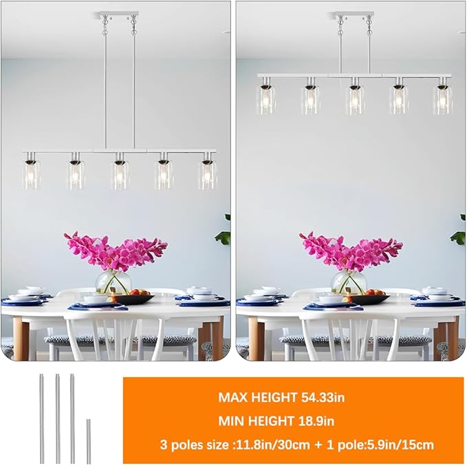 Brushed Nickel 5-Light Kitchen Island Lighting with Clear Glass Shades, Adjustable Island Light for Kitchen, Dining Room Light Fixture Over Table, Kitchen Pendant Lighting for Kitchen Island