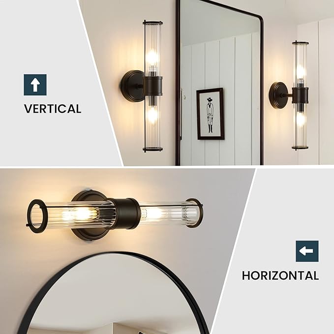 Bathroom Sconce Wall Lighting - Black Bathroom Vanity Light Fixture Vertical and Horizontal Wall Mount 2-Light Modern Indoor Wall Light for Hallway Living Room(E12 Bulbs Excluded)