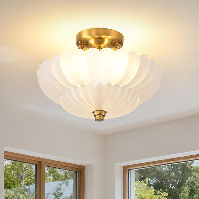 Semi Flush Mount Ceiling Light, 11.8 Inch Gold Vintage Hallway Light Fixture with Frosted Glass, Close to Ceiling Light for Bedroom Kitchen Living Room Bathroom Foyer, E26 Base
