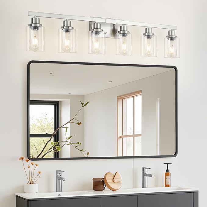 Bathroom Vanity Light, 6-Light Nickel Modern Matte Wall Sconce Lighting with Clear Glass Shade, Wall Lights,Bath Vintage Wall Mounted Lamps for Mirror Bedroom Living Room