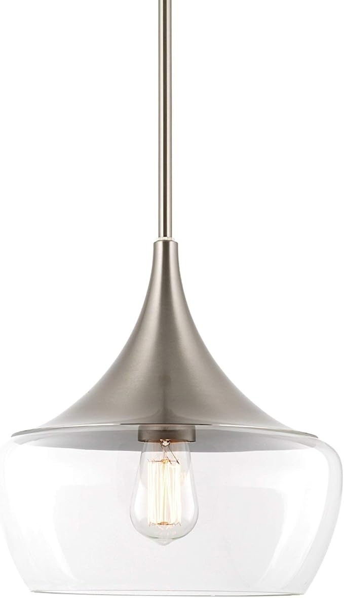 Kira Home Ava 13" Modern Industrial Schoolhouse Pendant Light with Clear Wine Glass Style Shade, Adjustable Hanging Height, Brushed Nickel Finish