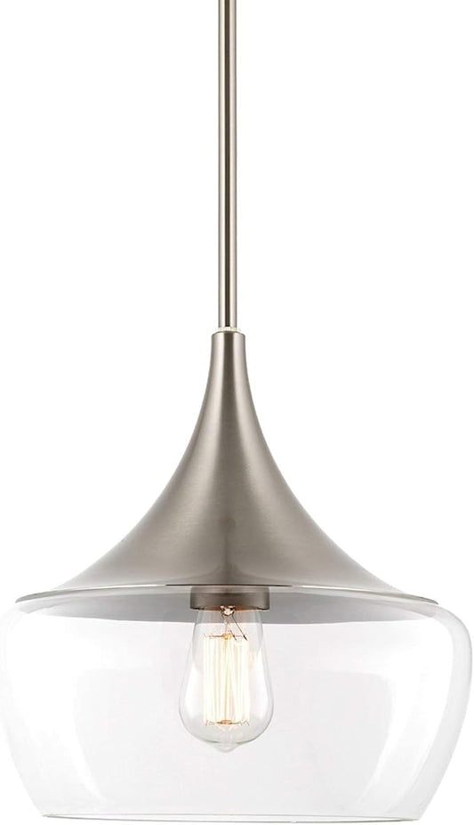 Kira Home Ava 13" Modern Industrial Schoolhouse Pendant Light with Clear Wine Glass Style Shade, Adjustable Hanging Height, Brushed Nickel Finish