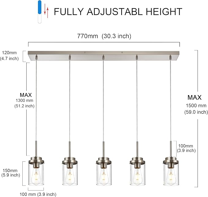 5 Lights Island Lights for Kitchen Modern Industrial Brushed Nickel Linear Chandeliers with Clear Glass Shade for Dining Room Kitchen Long Finish Ceiling Lighting Fixtures