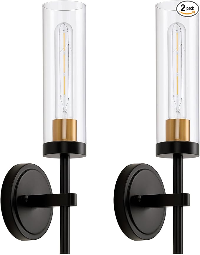 Hardwired Wall Sconces Set of Two, Black and Gold Bathroom Vanity Sconces Wall Lighting with Clear Glass Shade, Modern Farmhouse Wall Mount Lights for Mirror Bedroom Living Room Hallway Kitchen