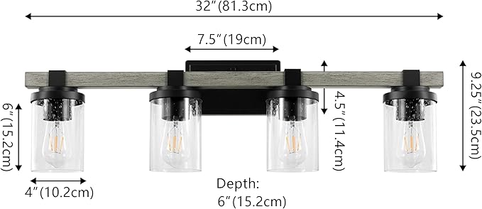 JONATHAN Y 32" Black/Gray Oak Wood Finish LED Vanity Light, Rustic Farmhouse Sconce, Clear Seeded Glass Shade, Industrial Wall Lamp for Bathroom Mirror, Kitchen Sink, LED Bulb (JYL7510B)