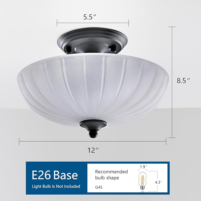 Semi Flush Mount Ceiling Light, 3-Light Kitchen Ceiling Lighting Fixtures with Frosted Glass Lampshade, Black Modern Chandelier for Living Room Bedroom Hallway