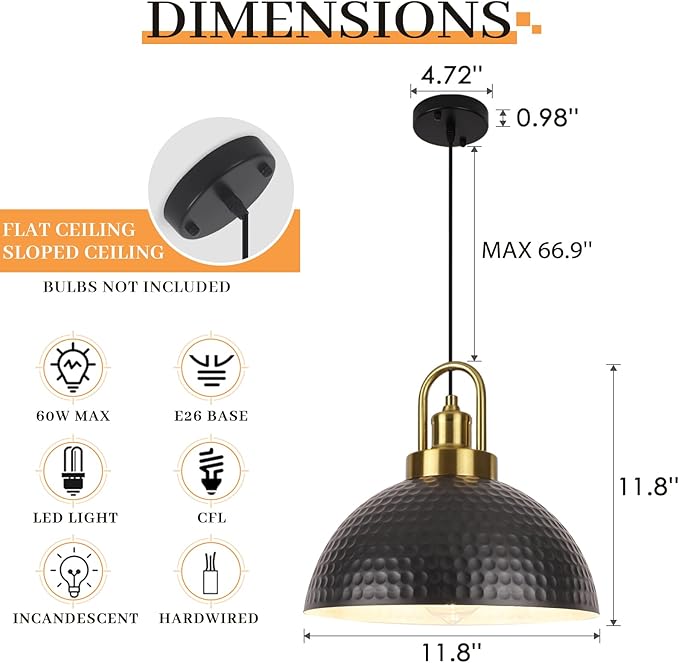 Black Pendant Lights, Farmhouse Kitchen Pendant Lighting Over Island, Vintage Island Lights for Kitchen, Hammered Pendant Light Fixtures for Dining Room, Bedroom, Hallway, Bar, Sink