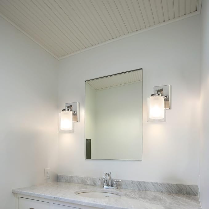 XiNBEi Lighting Brushed Nickel Wall Sconce, Bathroom Sconces Wall Lighting Modern 1 Light Indoor Dual Glass Wall Sconce Light for Vanity & Hallway XB-W1294-1-BN
